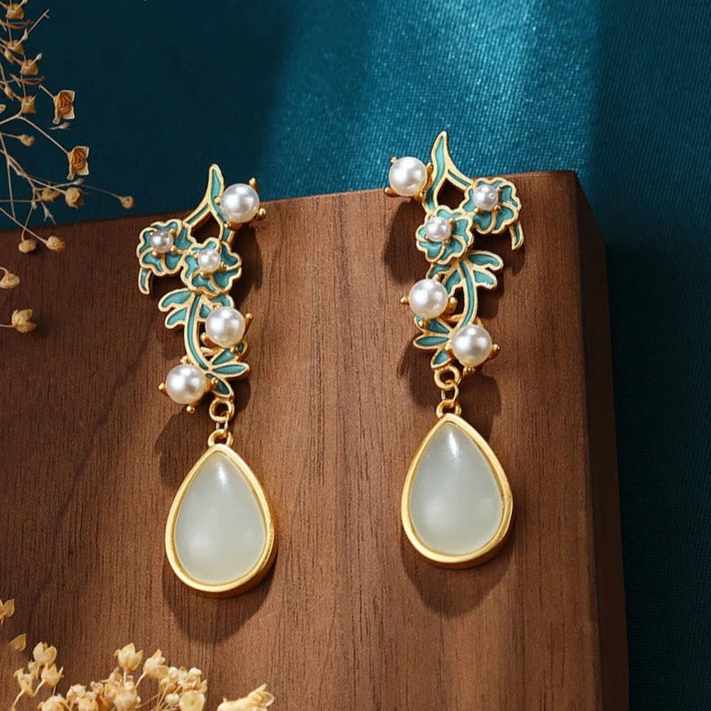 Classic Gold & Green Floral Inlaid Pearl Jade Water Drop Earrings-Mialla Jewelry