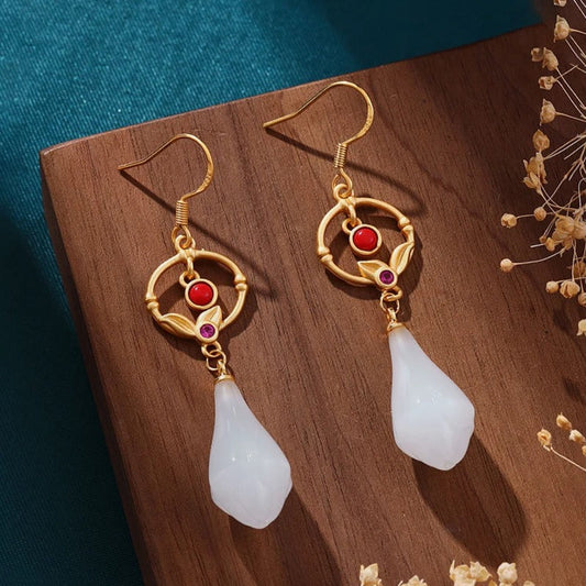 Vintage Gold Circle Red Teardrop Charm Earrings-Mialla Jewelry
