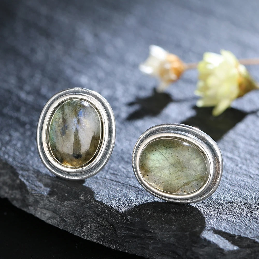 Vintage Silver Labradorite Stud Earrings-Mialla Jewelry