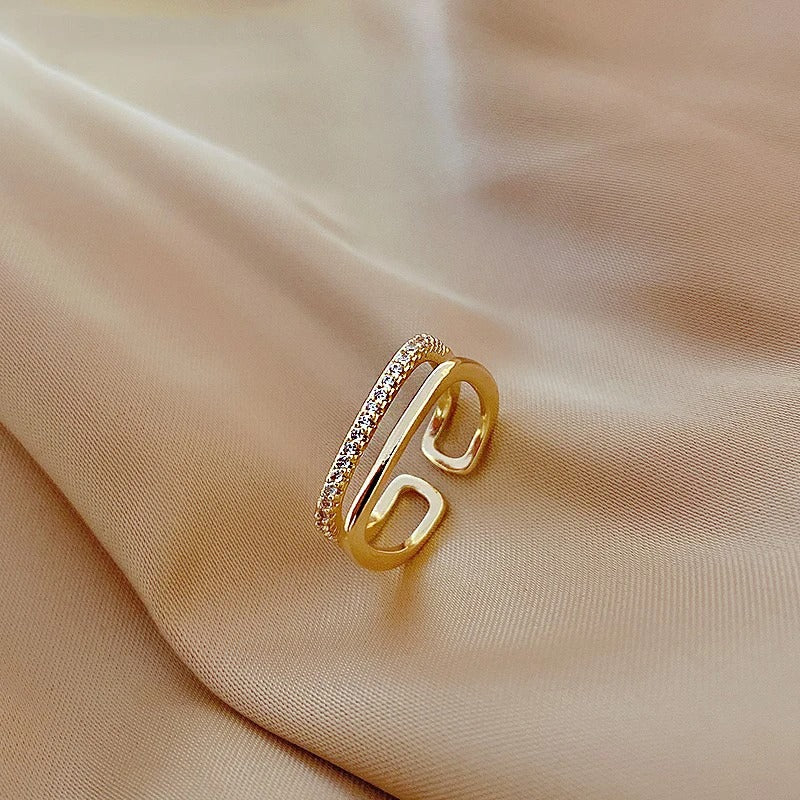 Gold Double Band & Crystal Adjustable Ring-Mialla Jewelry