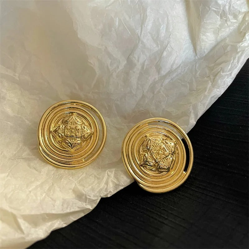 Gold Spiral Circular Stud Vintage Earrings-Mialla Jewelry
