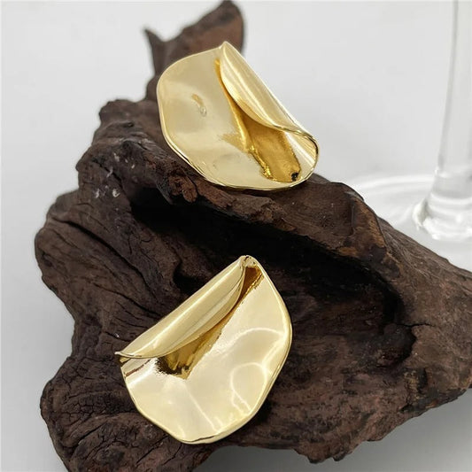 Classic Gold Wavy Folded Ruffle Stud Earrings-Mialla Jewelry