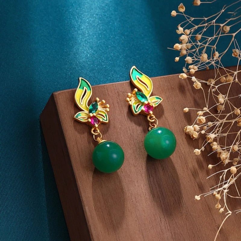 Classic Gold Green Bead & Floral Enamel Dangle Earrings-Mialla Jewelry