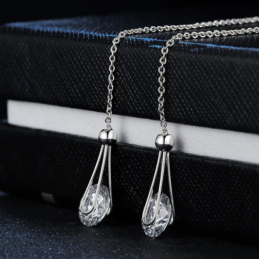 Classic Silver Chain Sparkling Crystal Teardrop Earrings-Mialla Jewelry