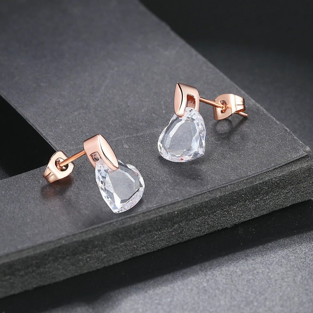 Vintage Rose Gold Heart-Cut Crystal Drop Earrings-Mialla Jewelry