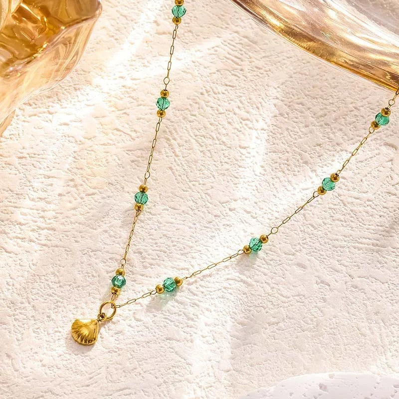 Gold Green Crystal & Sea Shell Charm Necklace-Mialla Jewelry