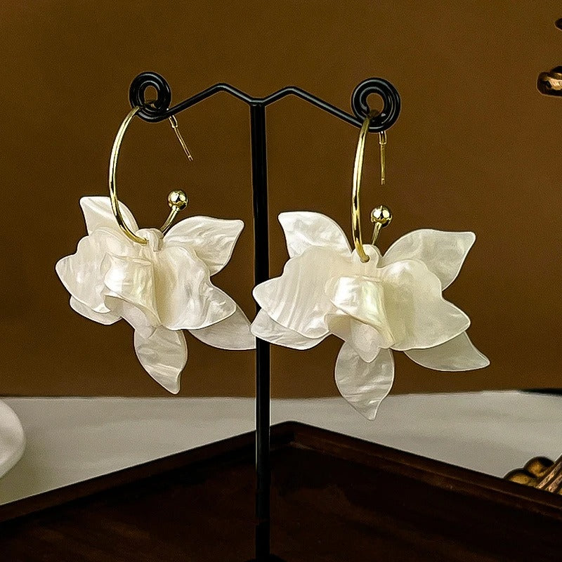 White Flower Hoop Gold Earrings-Mialla Jewelry