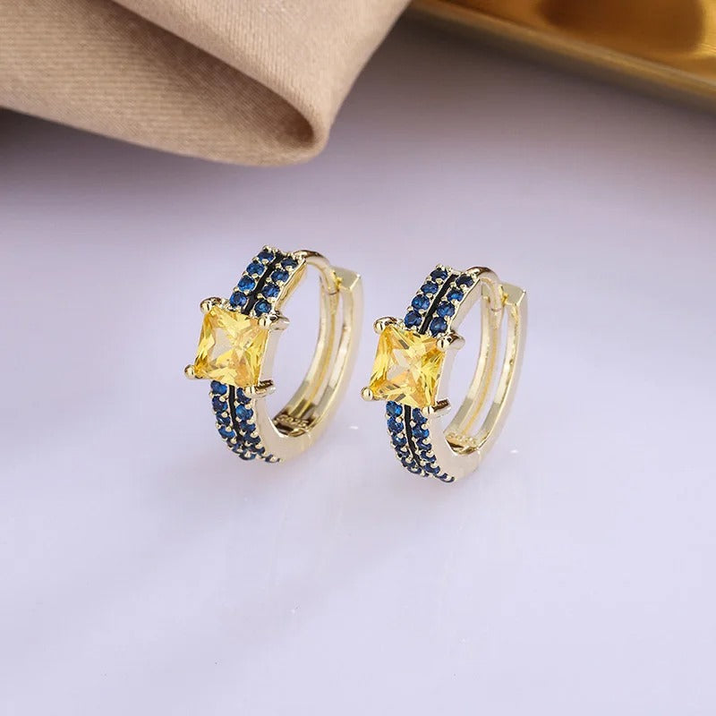 Classic Gold Yellow & Blue Square Gemstone Hoop Earrings-Mialla Jewelry