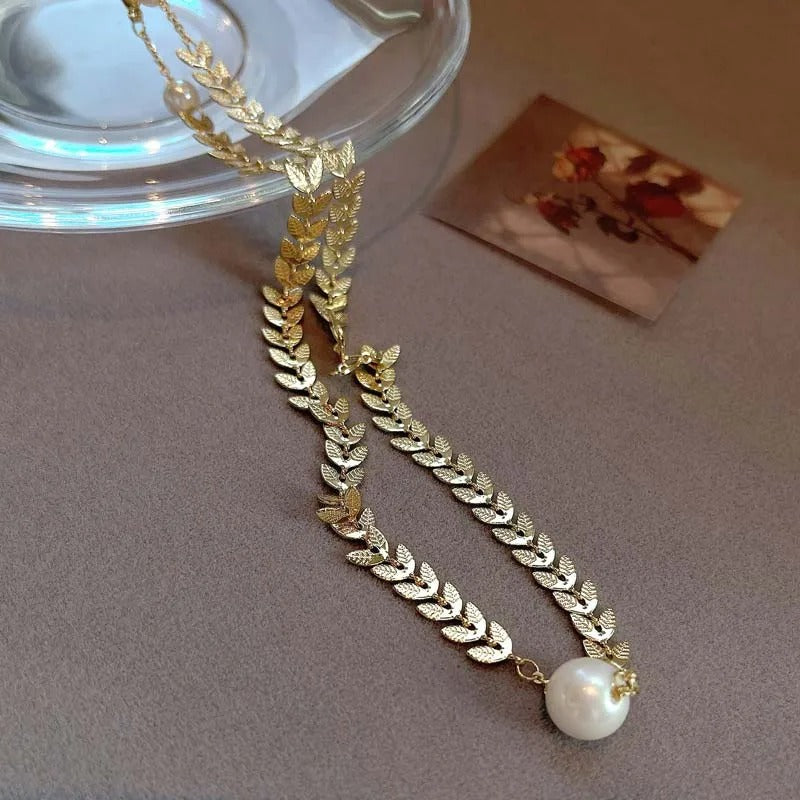 Gold Large Pearl Pendant & Leaf Pattern Necklace-Mialla Jewelry