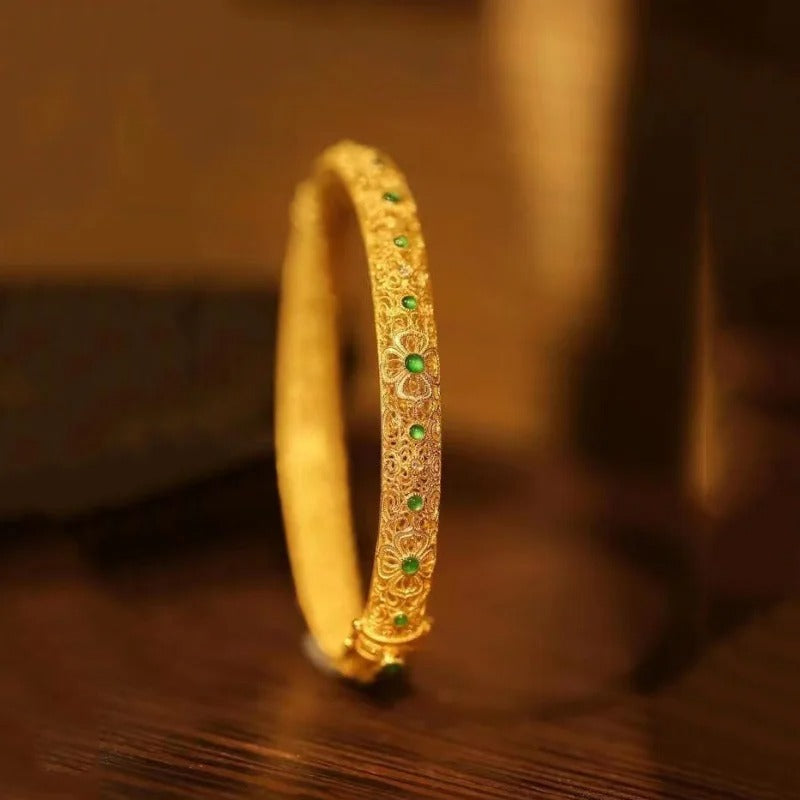 Ethnic Style Gold Green Gemstone & Floral Pattern Bangle Bracelet-Mialla Jewelry