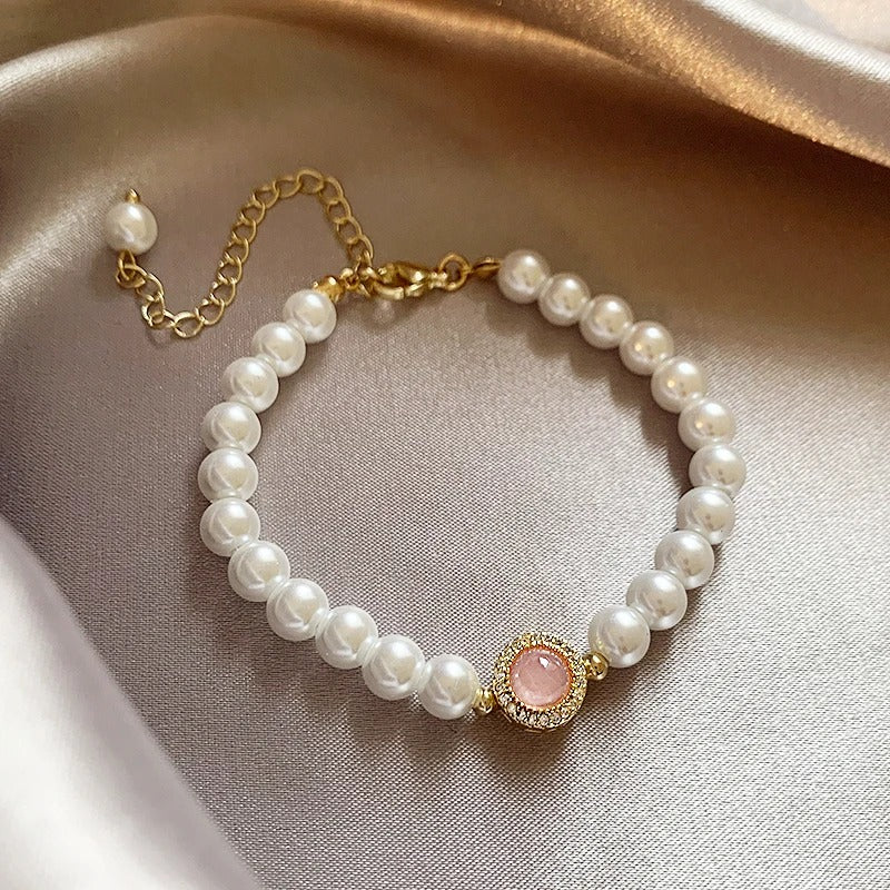 Vintage Pearl & Gold Rose Quartz Bracelet-Mialla Jewelry
