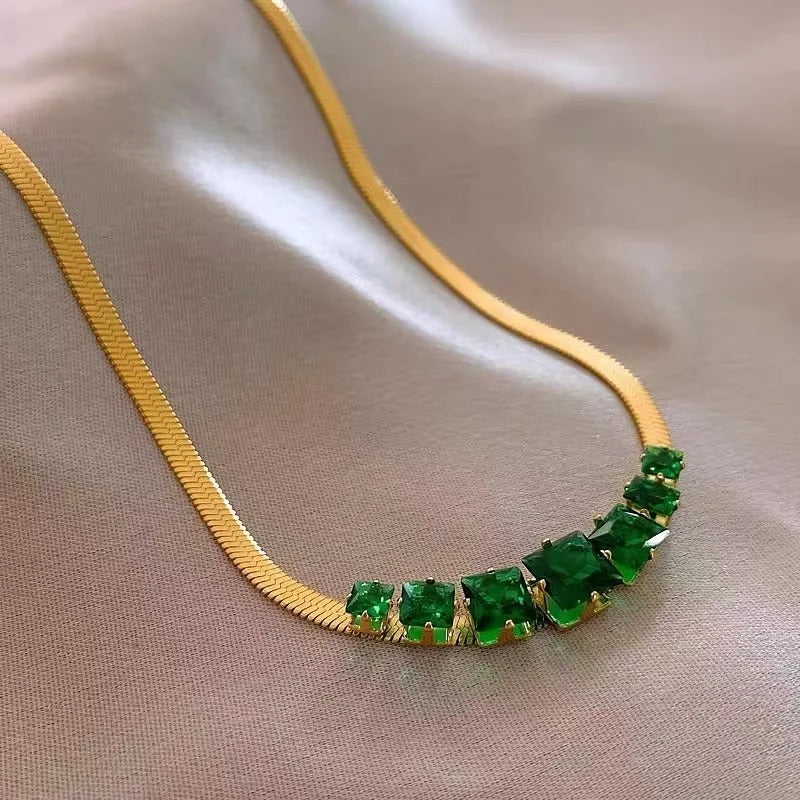 Vintage Gold Green Gemstone Statement Necklace-Mialla Jewelry