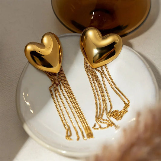 Vintage Gold Heart Cascading Chain Earrings-Mialla Jewelry