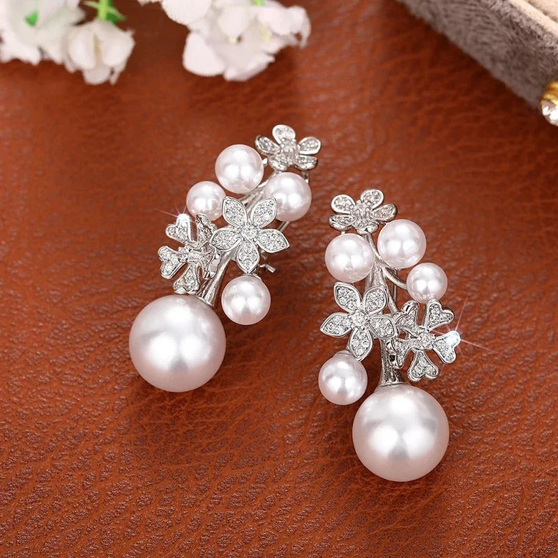 Vintage Silver Floral Pearl Earrings-Mialla Jewelry