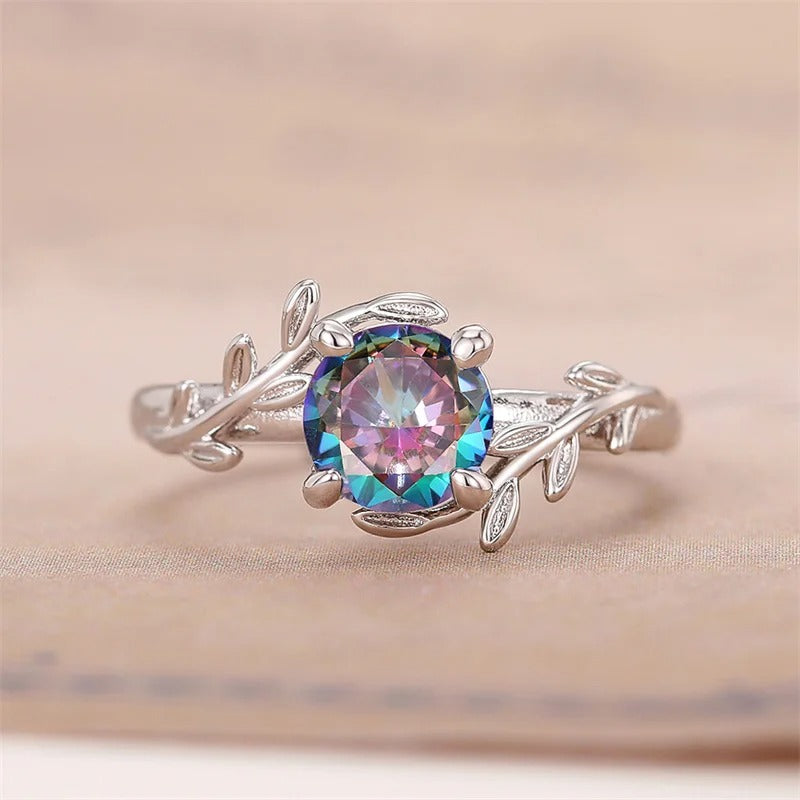 Silver Leaf-Inspired Colorful Gemstone Ring-Mialla Jewelry