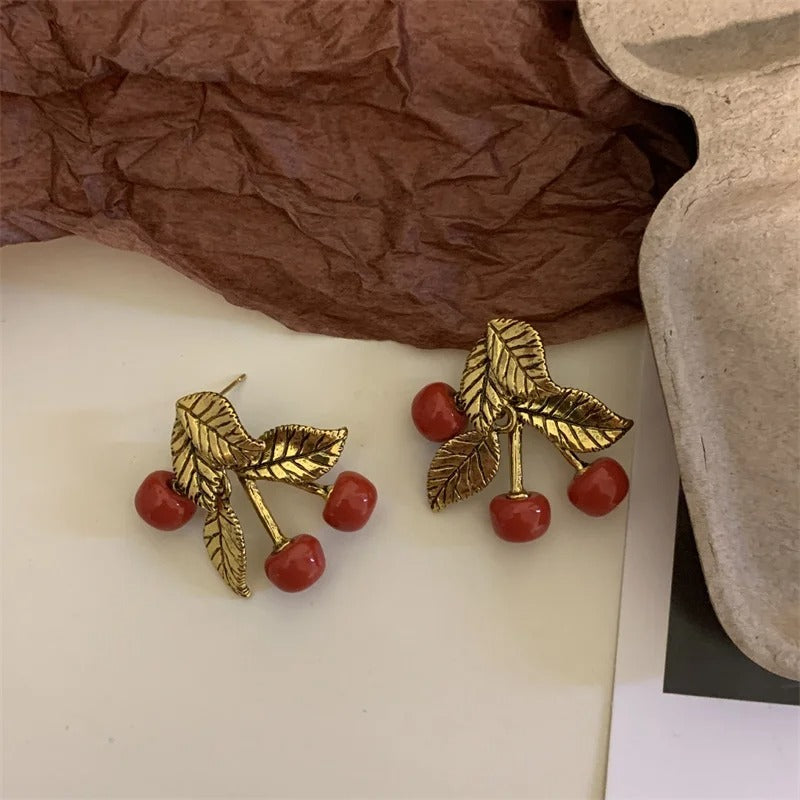 Classic Gold Red Cherry Stud Earrings-Mialla Jewelry