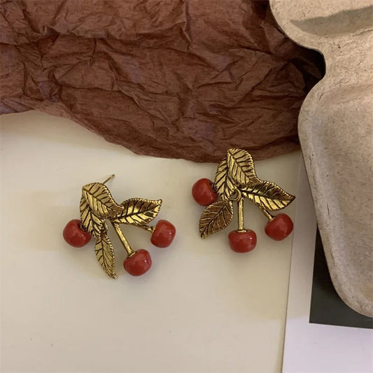 Classic Gold Red Cherry Stud Earrings-Mialla Jewelry