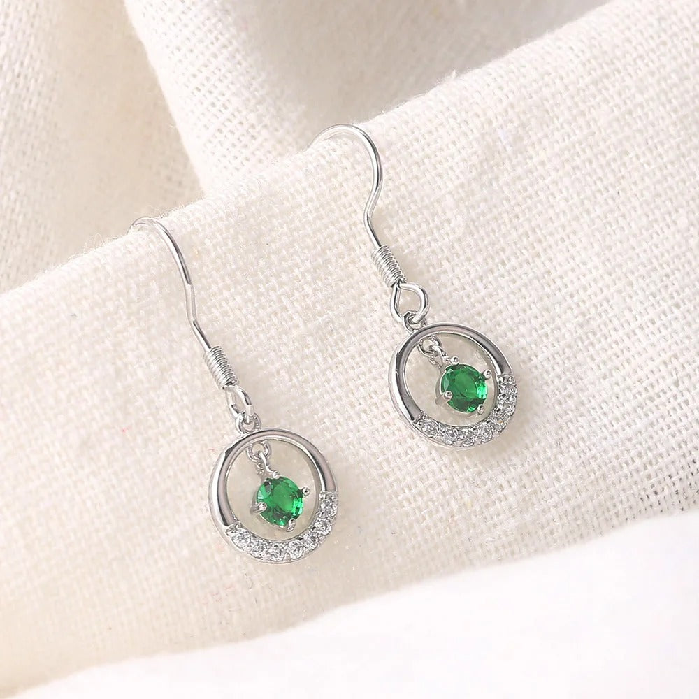 Vintage Silver Green Gem & Sparkling Circle Earrings-Mialla Jewelry