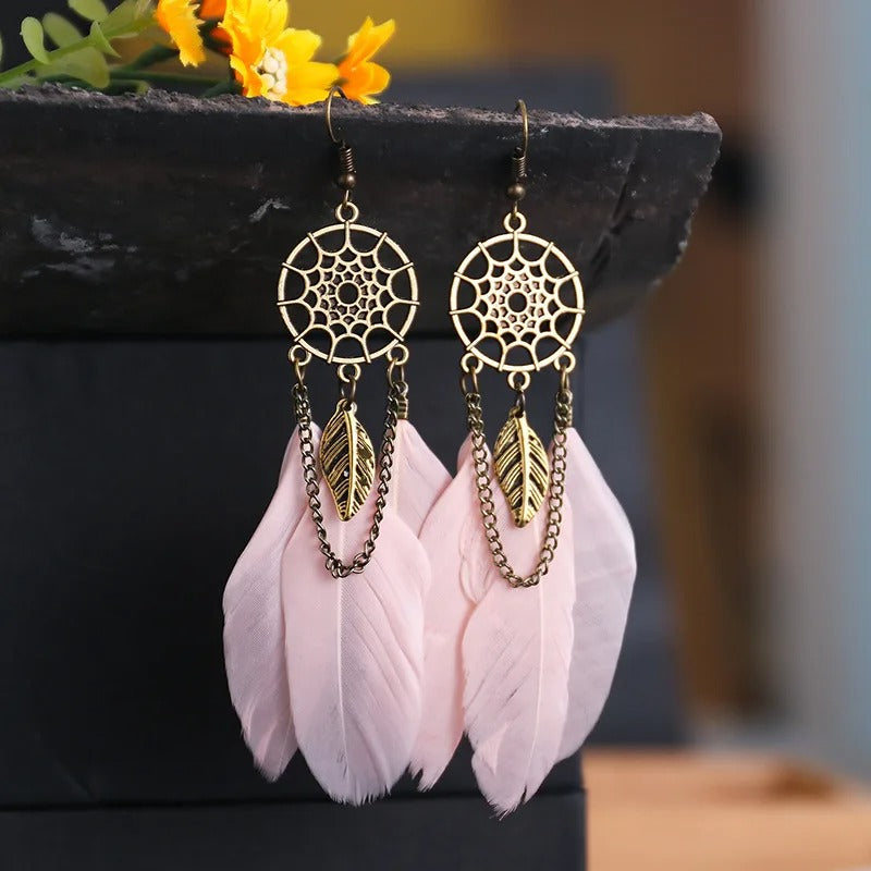 Vintage Gold Dreamcatcher & Pink Feather Earrings-Mialla Jewelry