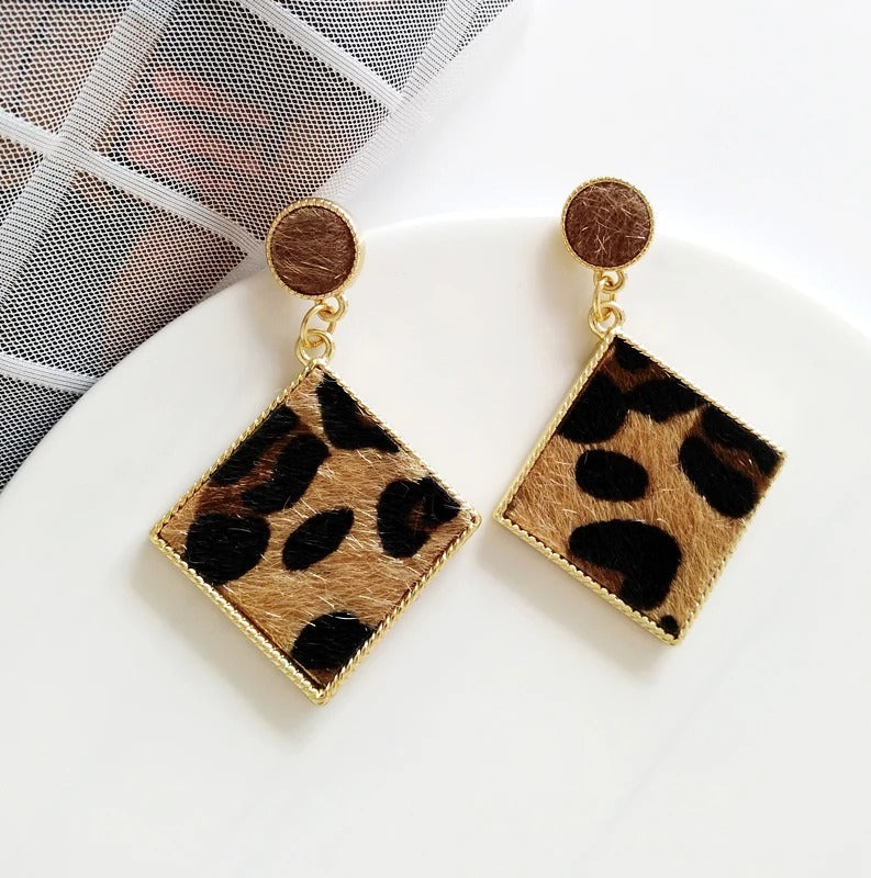 Gold & Leopard Print Stylish Square Drop Earrings-Mialla Jewelry
