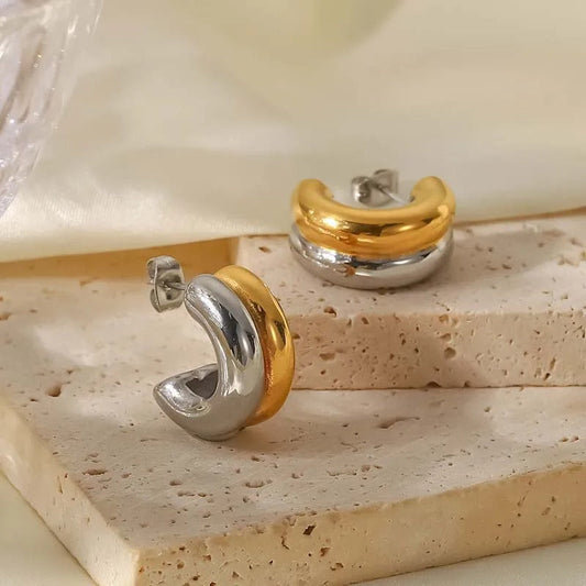 Vintage Gold & Silver Curved Hoop Earrings-Mialla Jewelry