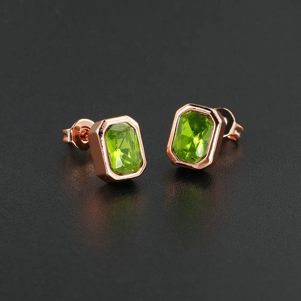 Vintage Rose Gold Green Rectangular Gemstone Earrings-Mialla Jewelry
