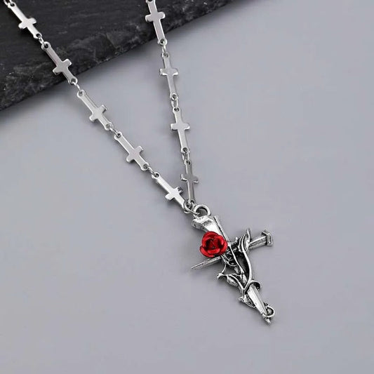 Silver Cross Pendant & Red Rose Necklace-Mialla Jewelry