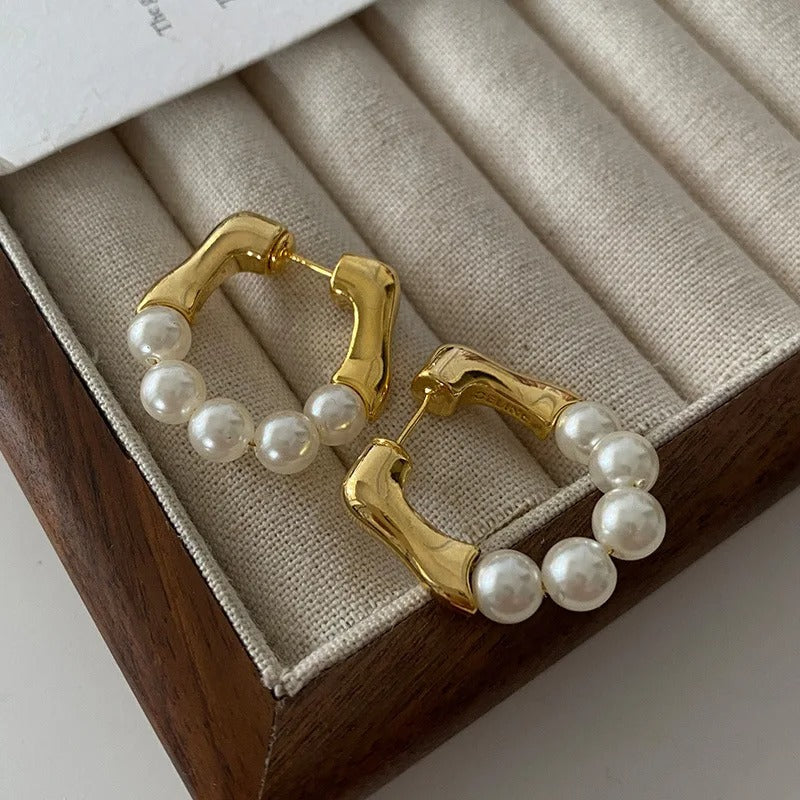 Vintage Gold & Pearl Beaded Hoop Earrings-Mialla Jewelry