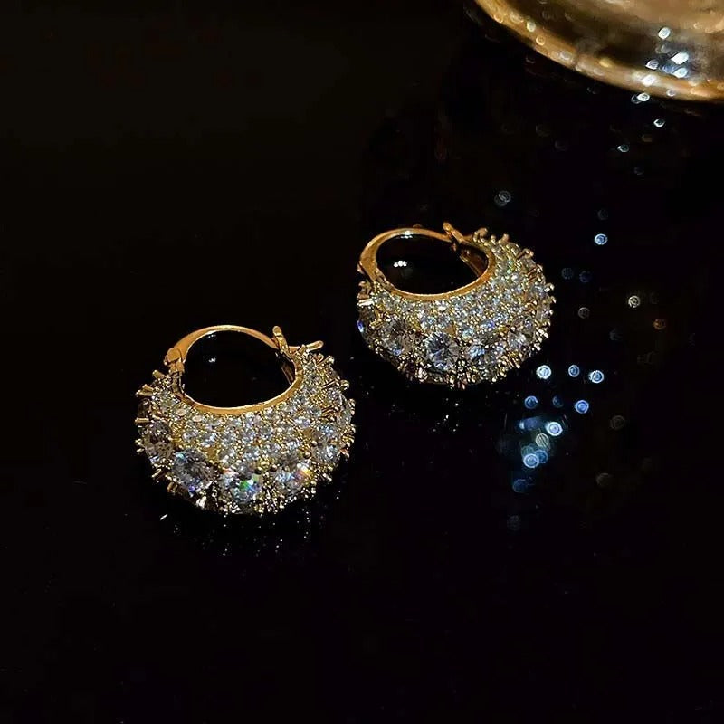 Vintage Crystal Pave Gold Hoop Earrings-Mialla Jewelry