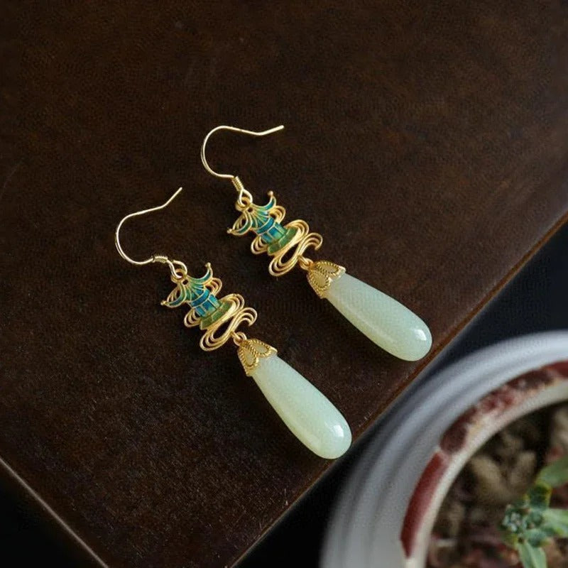 Classic Gold & Teal Drop Jade Earrings-Mialla Jewelry