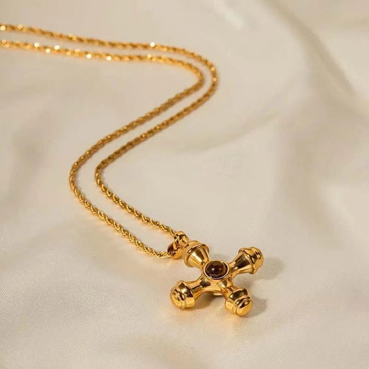 Vintage Gold Cross Pendant & Vibrant Gem Necklace-Mialla Jewelry