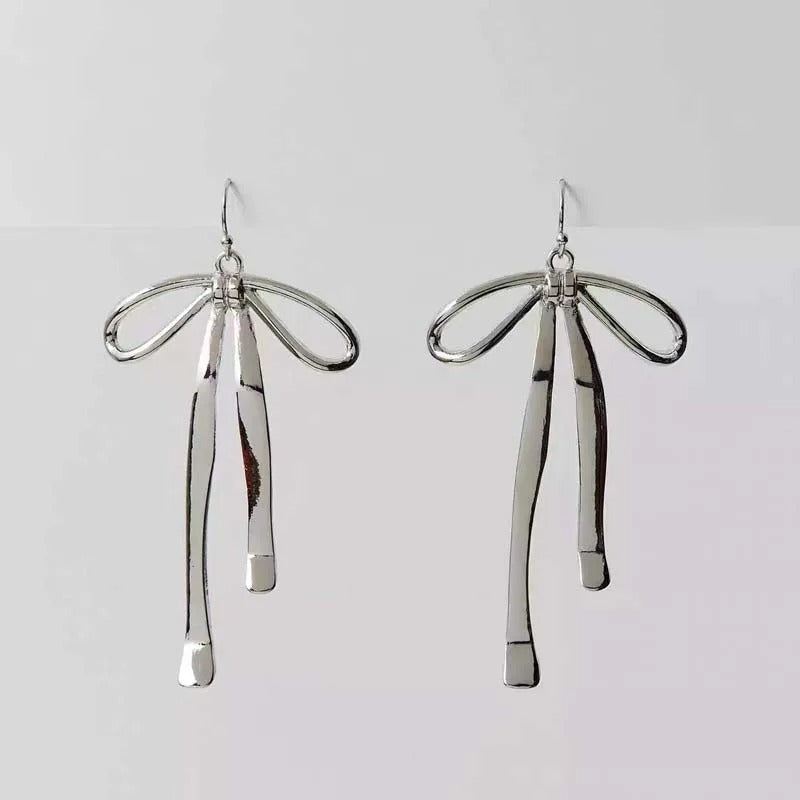 Silver Bow-Detail Long Dangle Drop Earrings-Mialla Jewelry