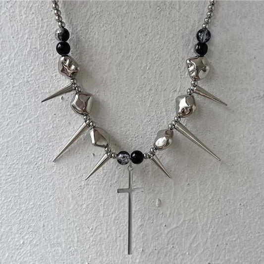Vintage Silver Spiked Cross Pendant Necklace-Mialla Jewelry