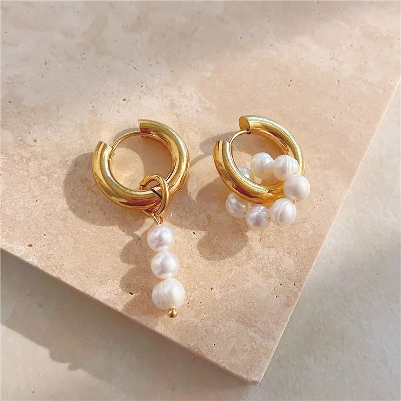 Gold Asymmetric Natural Freshwater Pearl Hanging Earrings-Mialla Jewelry