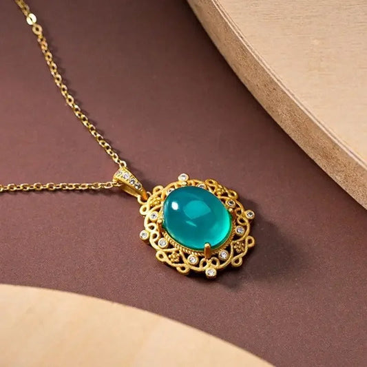 Vintage Gold Oval Gem & Crystal Filigree Pendant Necklace-Mialla Jewelry
