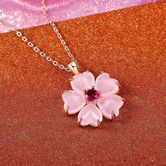 Gold Pink Flower Pendant Necklace-Mialla Jewelry