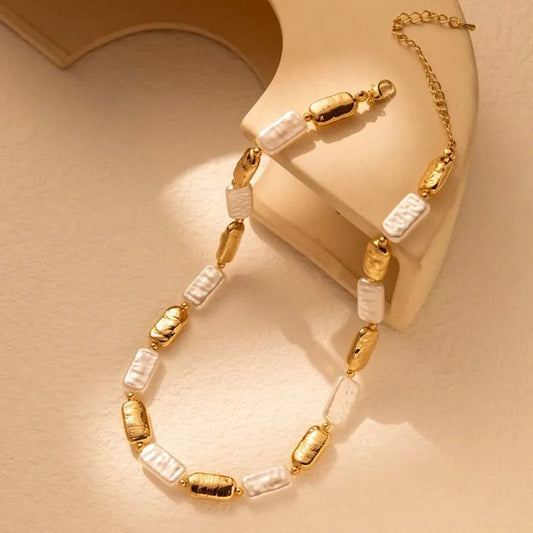 Vintage Gold & White Rectangular Bead Pearl Necklace-Mialla Jewelry