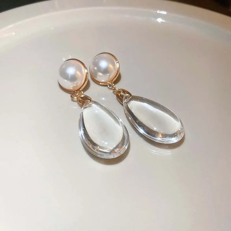 Classic Gold Pearl Big Crystal Pendant Earrings-Mialla Jewelry