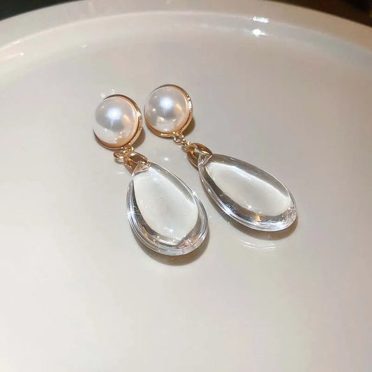 Classic Gold Pearl Big Crystal Pendant Earrings-Mialla Jewelry