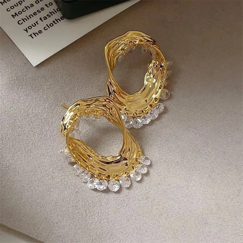 Classic Gold Crystal Drop & Sculpted Wave Earrings-Mialla Jewelry
