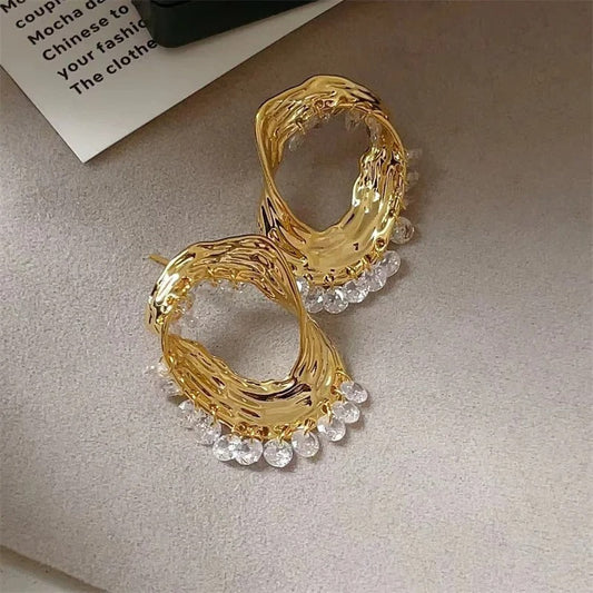 Classic Gold Crystal Drop & Sculpted Wave Earrings-Mialla Jewelry