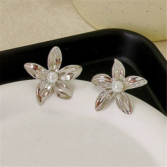 Classic Silver Flower White Pearl Accent Earrings-Mialla Jewelry