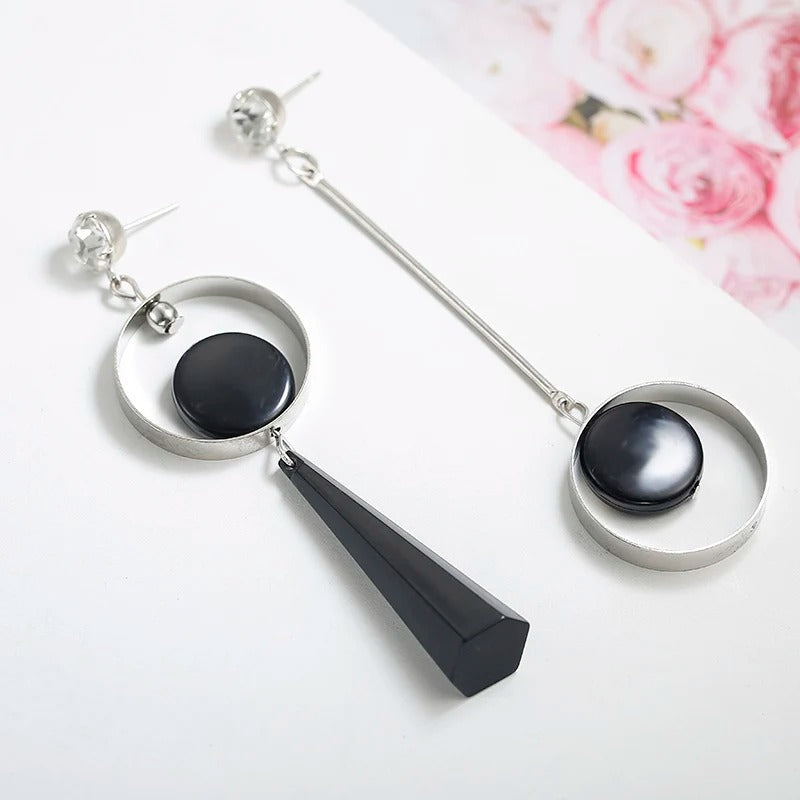 Silver Black Circle Triangle Drop Earrings-Mialla Jewelry