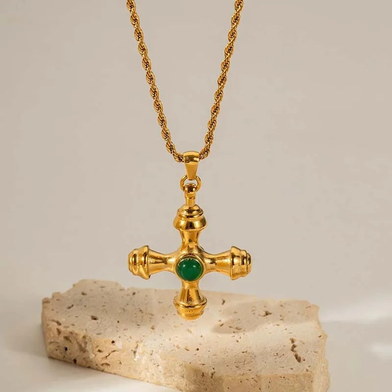 Vintage Gold Cross Pendant & Centered Green Gem Necklace-Mialla Jewelry