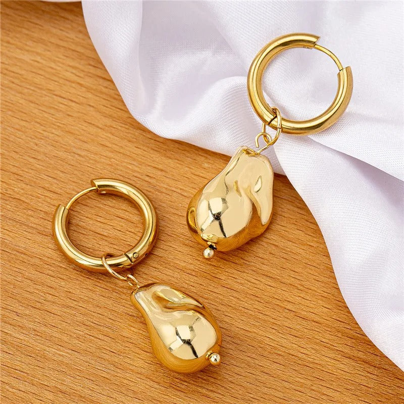 Vintage Gold Pear-Shaped Dangle Hoop Earrings-Mialla Jewelry