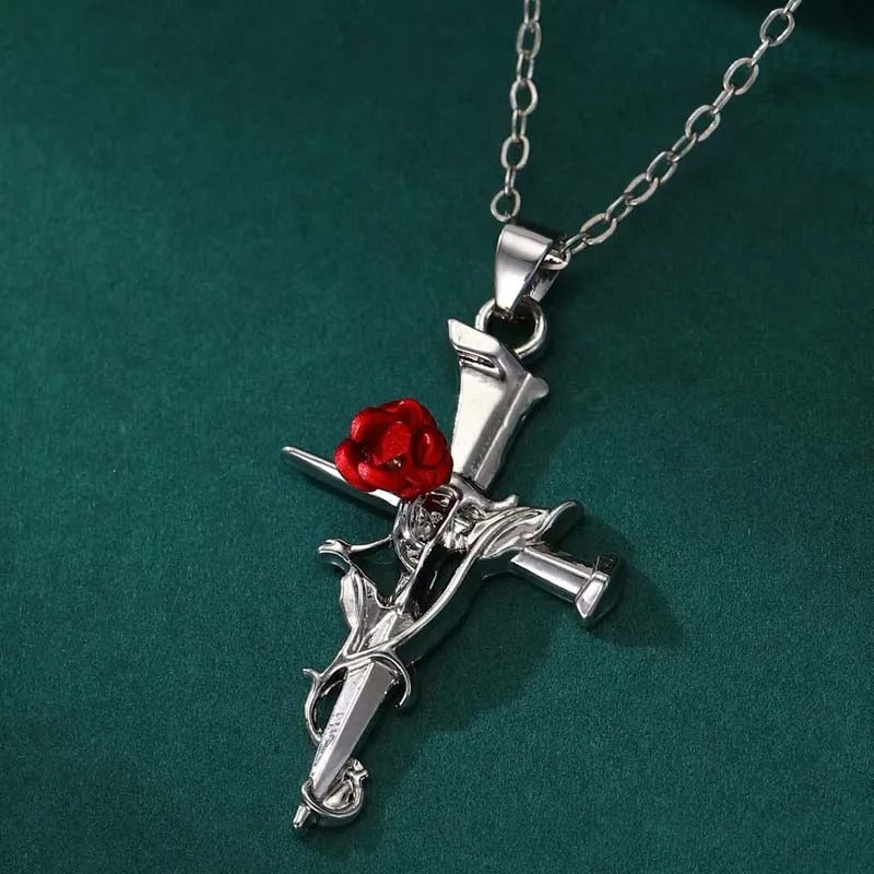 Silver Religious Cross & Rose Thorn Necklace-Mialla Jewelry