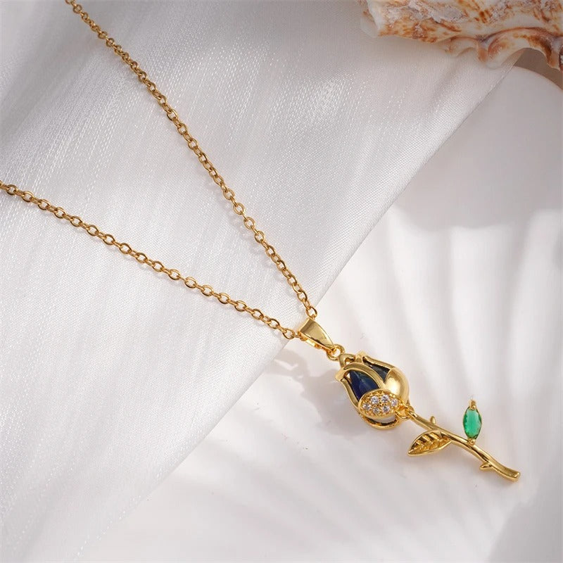 Vintage Gold Rose & Blue Gemstone Necklace-Mialla Jewelry