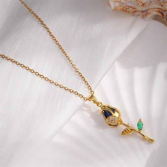 Vintage Gold Rose & Blue Gemstone Necklace-Mialla Jewelry