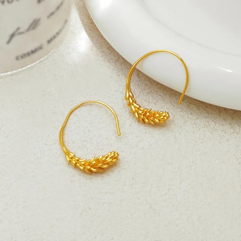 Gold Wheat Leaf Hoop Earrings-Mialla Jewelry