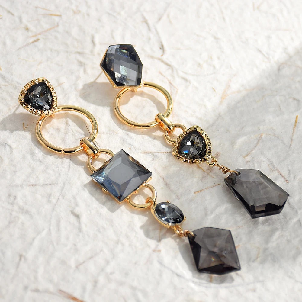 Vintage Black Crystal Gold Drop Earrings-Mialla Jewelry